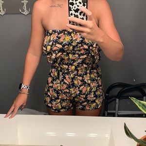 Strapless floral romper.
